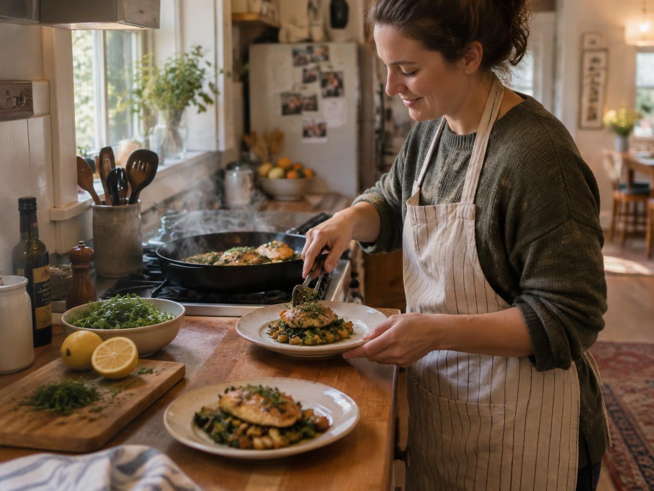 Home cook plating a hot home-cooked dinner in her kitchen